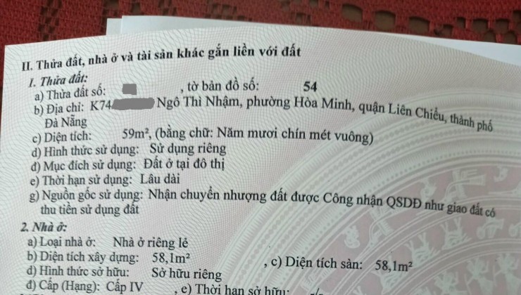 Bán nhà C4 kiệt 74 Ngô Thì Nhậm, Hòa Minh, Liên Chiểu, Đà Nẵng